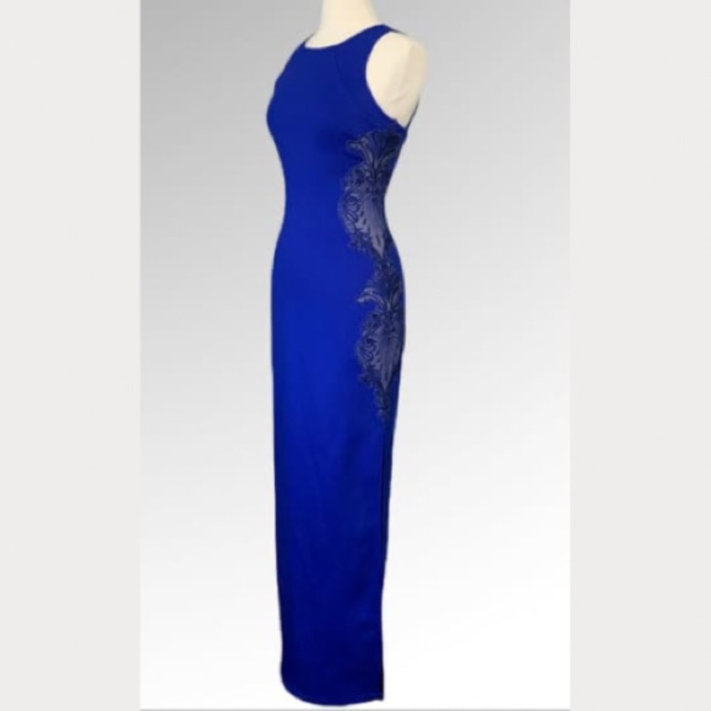 Lipsy Sexy Blue Dress Size 6  Sheath Faux See Through Appliqué Lace Bodycon